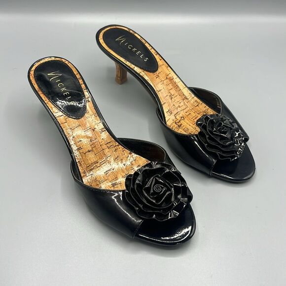 Nickels Stevie Black Flower Open Toe Heels Sandals - Picture 1 of 6